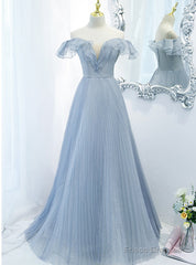 Blue Tulle Pleats Sequins Off the Shoulder Prom Dress