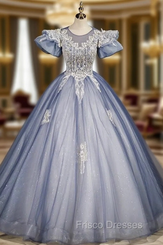 Blue Tulle Puff Sleeve Backless Beading Quinceanera Dress