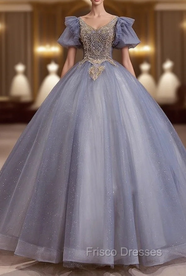 Blue Tulle Puff Sleeve Beading Pearls Quinceanera Dress Main image
