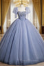 Blue Tulle Puff Sleeve Beading Princess Quinceanera Dress