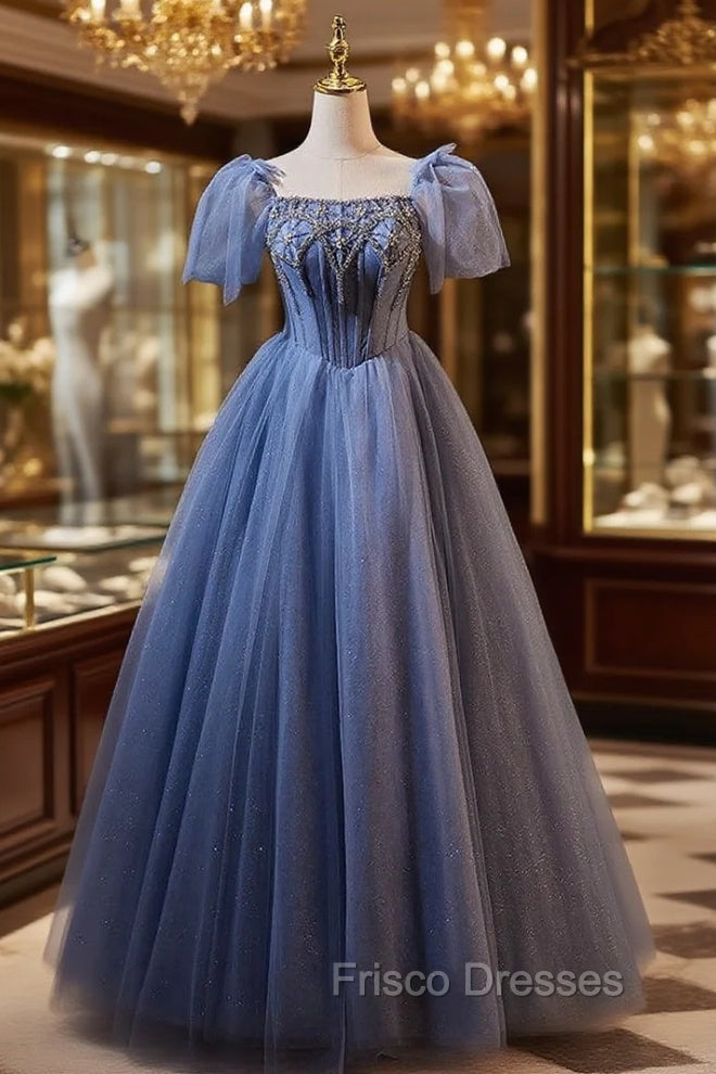Blue Tulle Puff Sleeve Beading Formal Prom Dress Main image