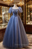 Blue Tulle Puff Sleeve Beading Formal Prom Dress