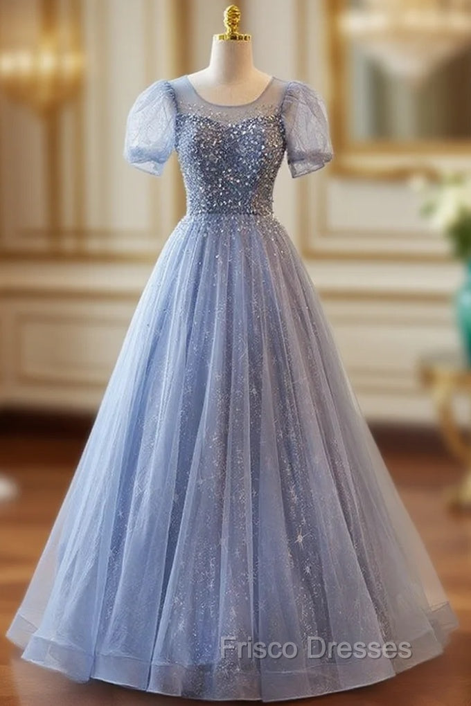 Blue Tulle Puff Sleeve Beading Sequins Formal Prom Dress Main image