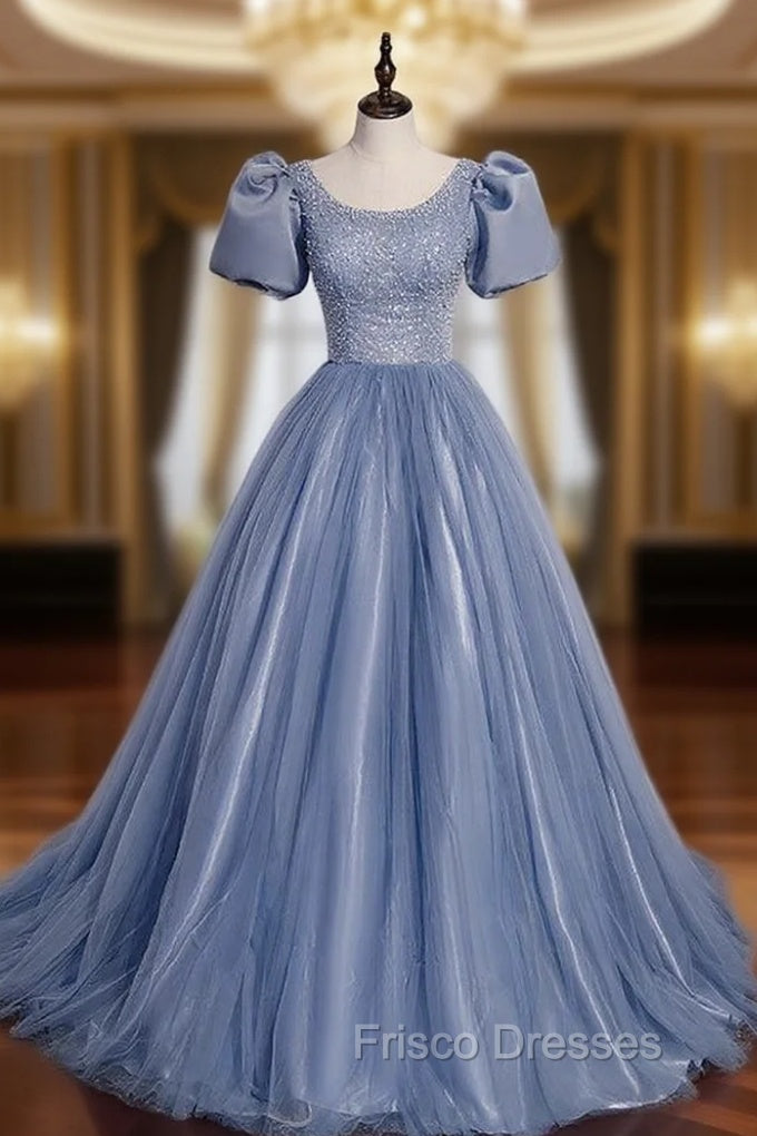 Blue Tulle Puff Sleeve Pearls Formal Prom Dress Main image