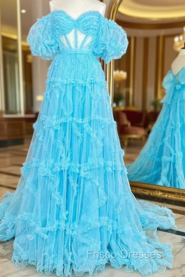Blue Tulle Puff Sleeve Formal Prom Dress