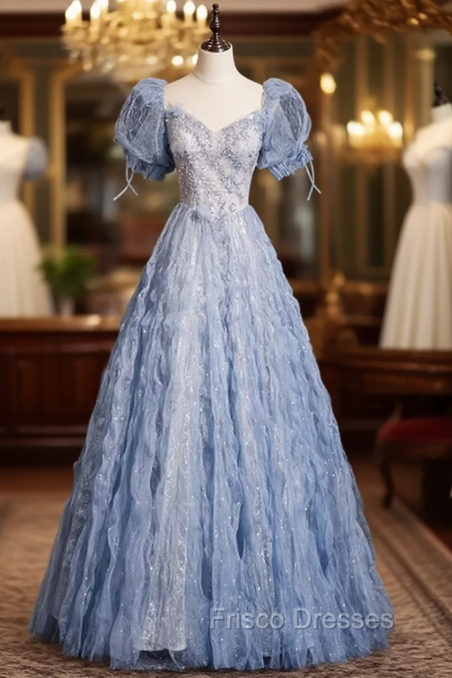 Blue Tulle Puff Sleeve Sequins Beading Formal Prom Dress Main image