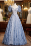 Blue Tulle Puff Sleeve Sequins Beading Formal Prom Dress