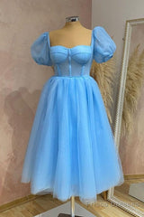 Blue Tulle Puffy Sleeve Midi Dress