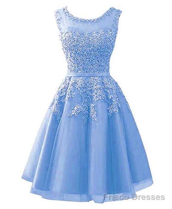 Blue Tulle Round Neckline Beaded Short Homecoming Dress Main image