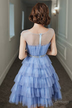 Blue Tulle Round Neckline Short Prom Dress, Cute Layered Blue Evening Party Dress