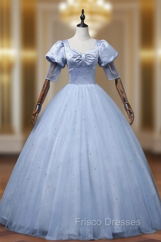 Blue Tulle Satin Square Puff Sleeve Pearl Quinceanera Dress Main image