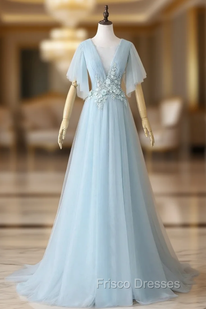 Blue Tulle See Through Neck Appliques Pleats Formal Prom Dress Main image
