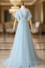 Blue Tulle See Through Neck Appliques Pleats Formal Prom Dress
