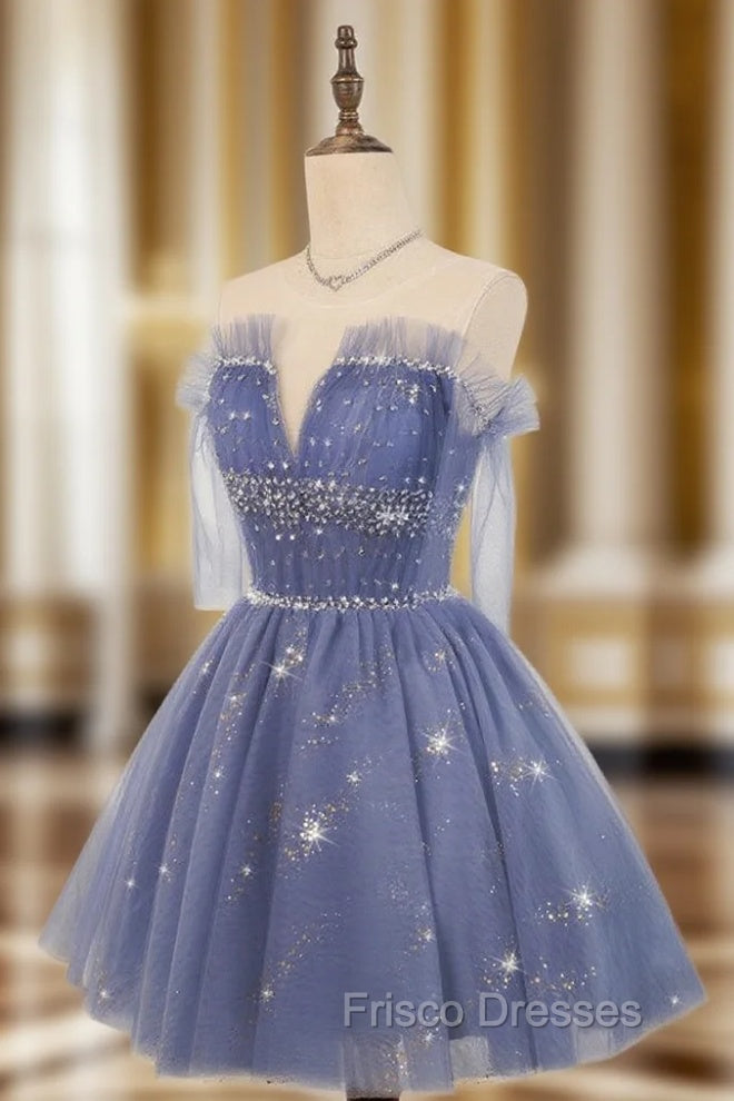 Blue Tulle Sequin Short Formal Prom Dress, Puffy Blue Homecoming Dress Main image