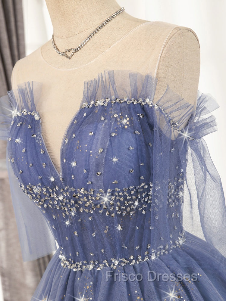 Blue Tulle Sequin Short Formal Prom Dress, Puffy Blue Homecoming Dress