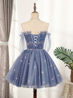 Blue Tulle Sequin Short Formal Prom Dress, Puffy Blue Homecoming Dress
