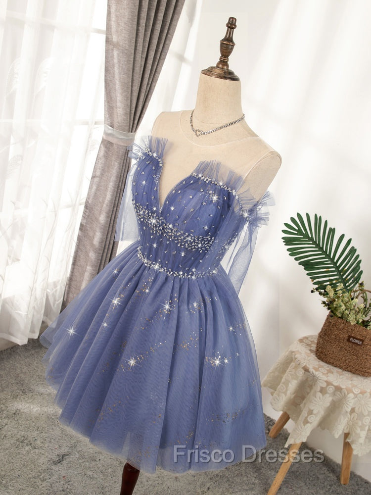 Blue Tulle Sequin Short Formal Prom Dress, Puffy Blue Homecoming Dress