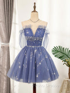 Blue Tulle Sequin Short Formal Prom Dress, Puffy Blue Homecoming Dress