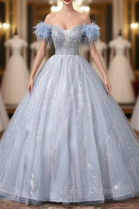 Blue Tulle Sequins Beading Feather Quinceanera Dress