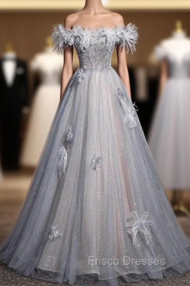 Blue Tulle Sequins Beading Flower Formal Prom Dress Main image