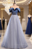 Blue Tulle Sequins Beading Off the Shoulder Formal Prom Dress