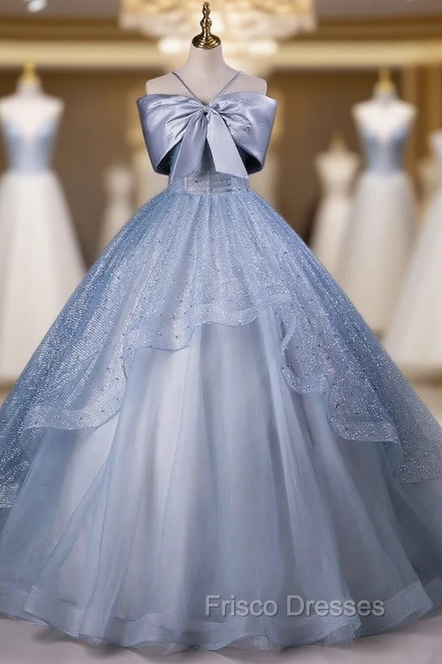 Blue Tulle Sequins Bow Quinceanera Dress