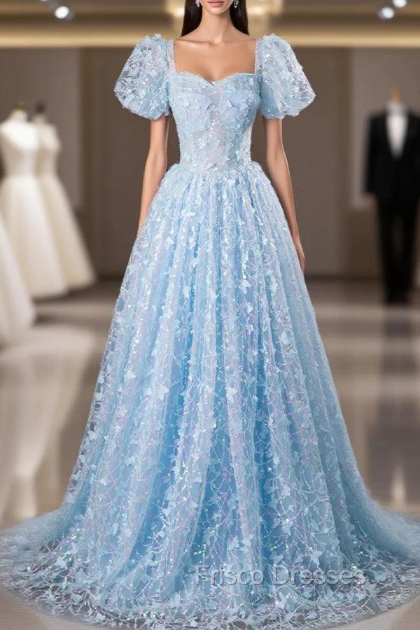 Blue Tulle Sequins Butterfly Short Sleeve Formal Prom Dress Main image
