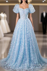 Blue Tulle Sequins Butterfly Short Sleeve Formal Prom Dress