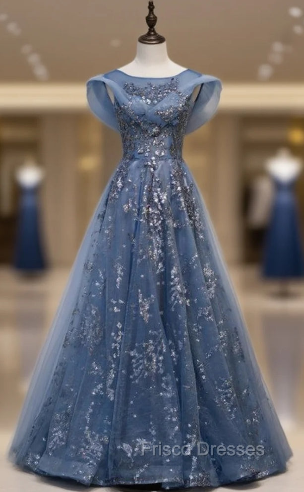 Blue Tulle Sequins Cap Sleeve Scoop Formal Prom Dress Main image