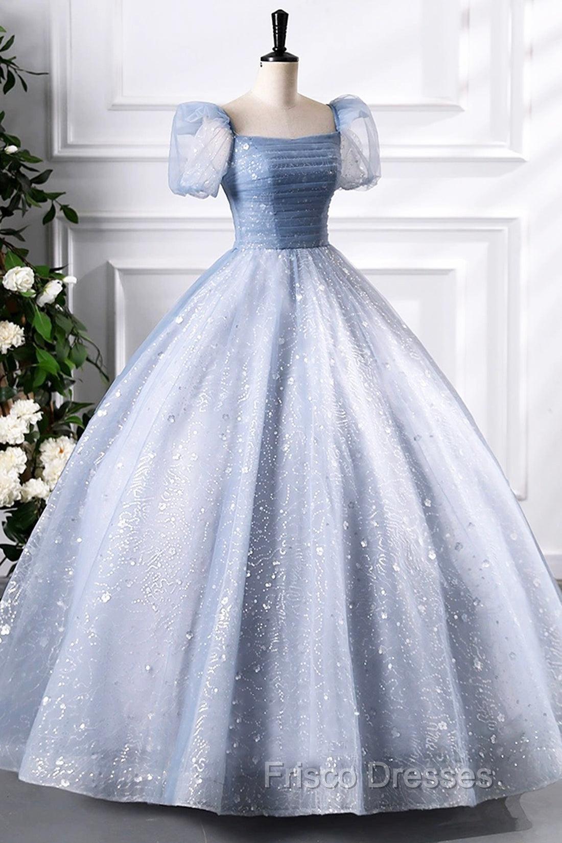 Blue Tulle Sequins Floor Length Formal Prom Dress, Elegant Short Sleeve Evening Party Dress