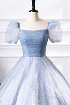 Blue Tulle Sequins Floor Length Formal Prom Dress, Elegant Short Sleeve Evening Party Dress