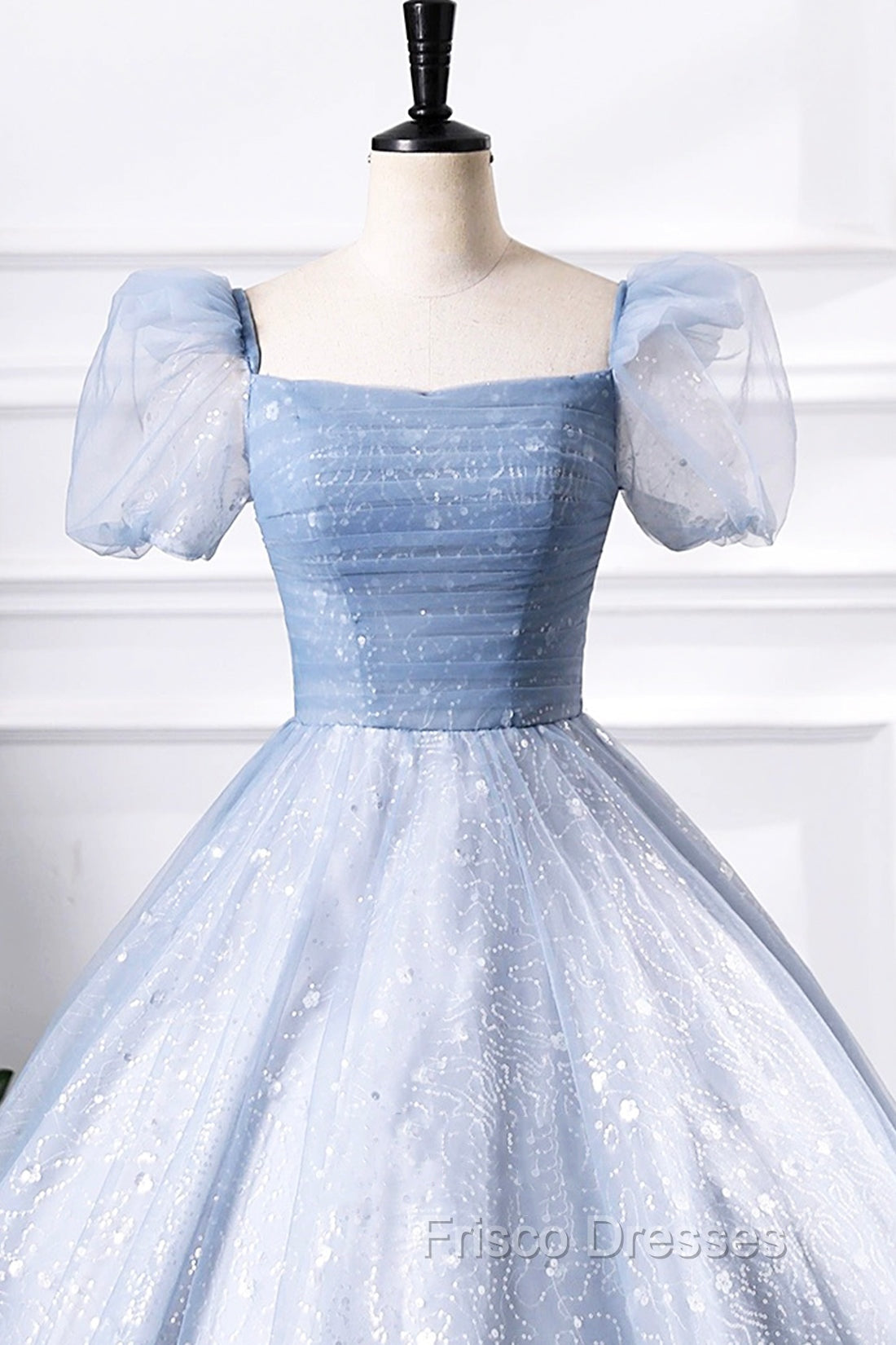 Blue Tulle Sequins Floor Length Formal Prom Dress, Elegant Short Sleeve Evening Party Dress