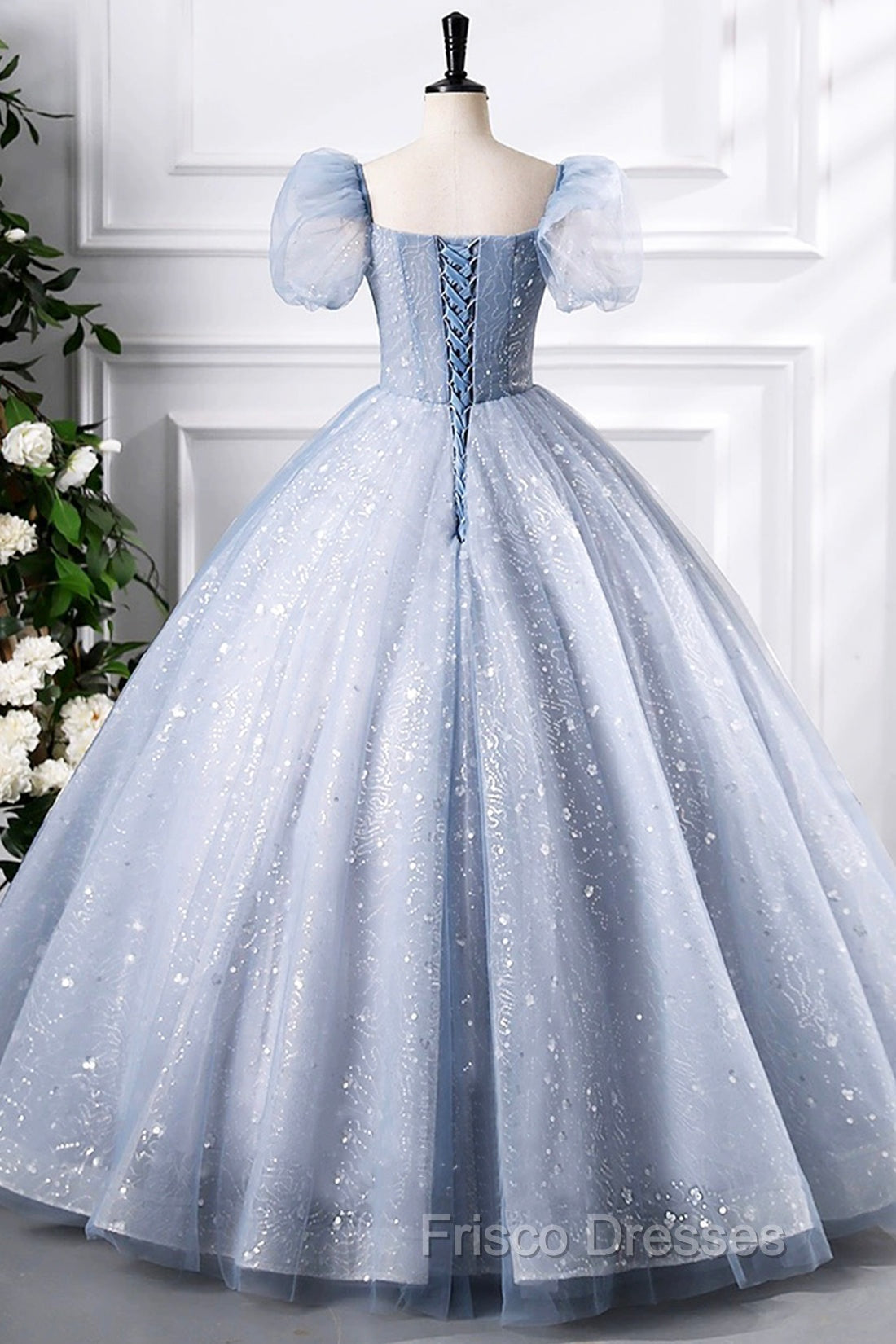 Blue Tulle Sequins Floor Length Formal Prom Dress, Elegant Short Sleeve Evening Party Dress