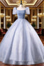 Blue Tulle Sequins Floor Length Formal Prom Dress, Elegant Short Sleeve Evening Party Dress