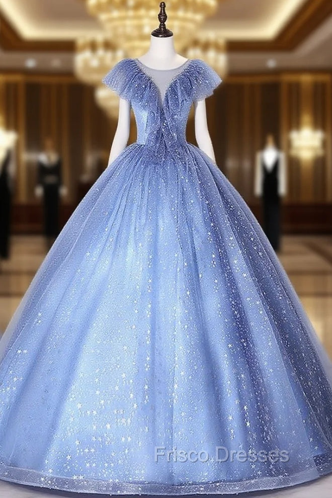 Blue Tulle Sequins Illusion V-neck Quinceanera Dress Main image