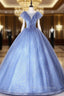 Blue Tulle Sequins Illusion V-neck Quinceanera Dress