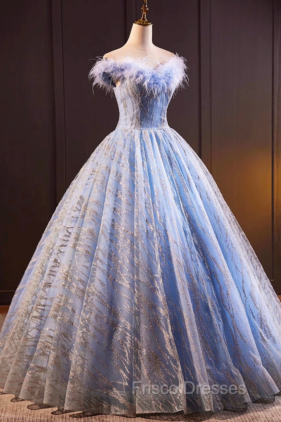 Blue Tulle Sequins Long A-Line Formal Prom Dress with Feather, Off the Shoulder Evening Party Dress