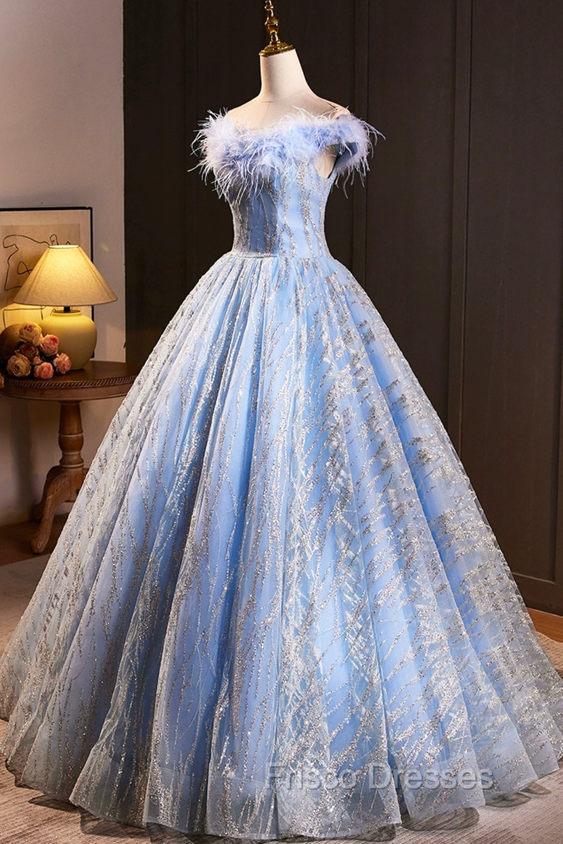 Blue Tulle Sequins Long A-Line Formal Prom Dress with Feather, Off the Shoulder Evening Party Dress