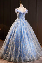 Blue Tulle Sequins Long A-Line Formal Prom Dress with Feather, Off the Shoulder Evening Party Dress