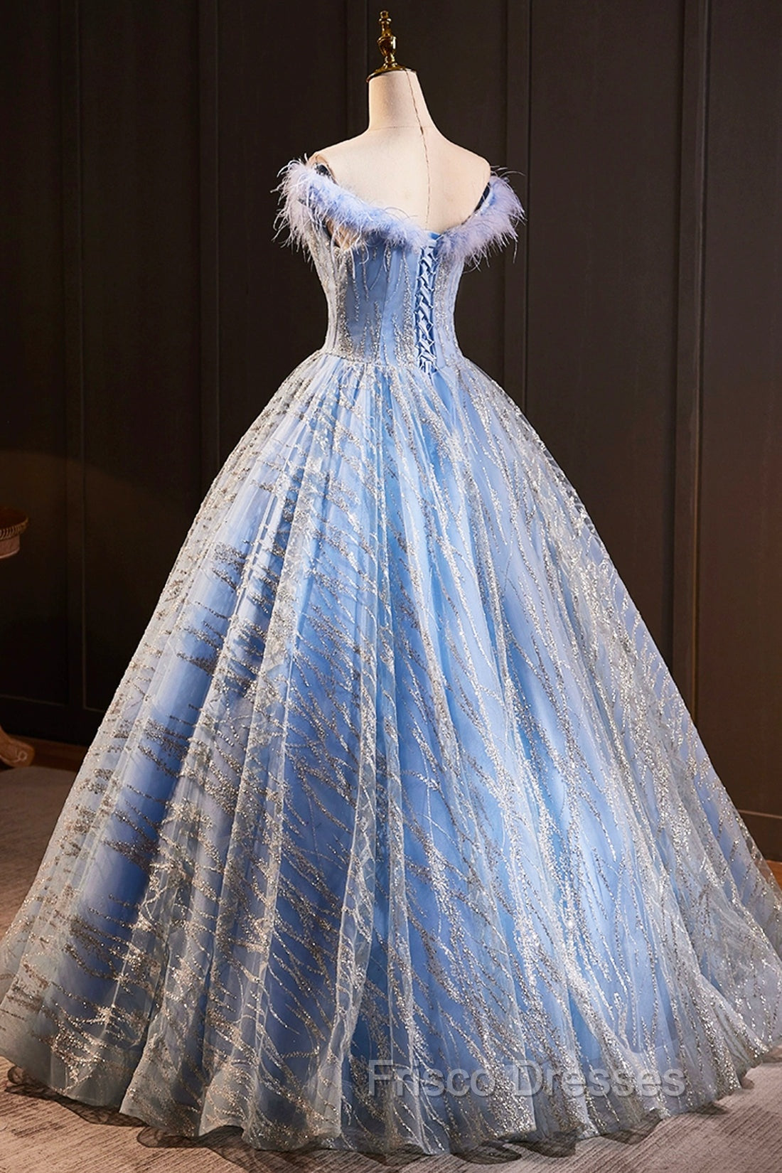 Blue Tulle Sequins Long A-Line Formal Prom Dress with Feather, Off the Shoulder Evening Party Dress