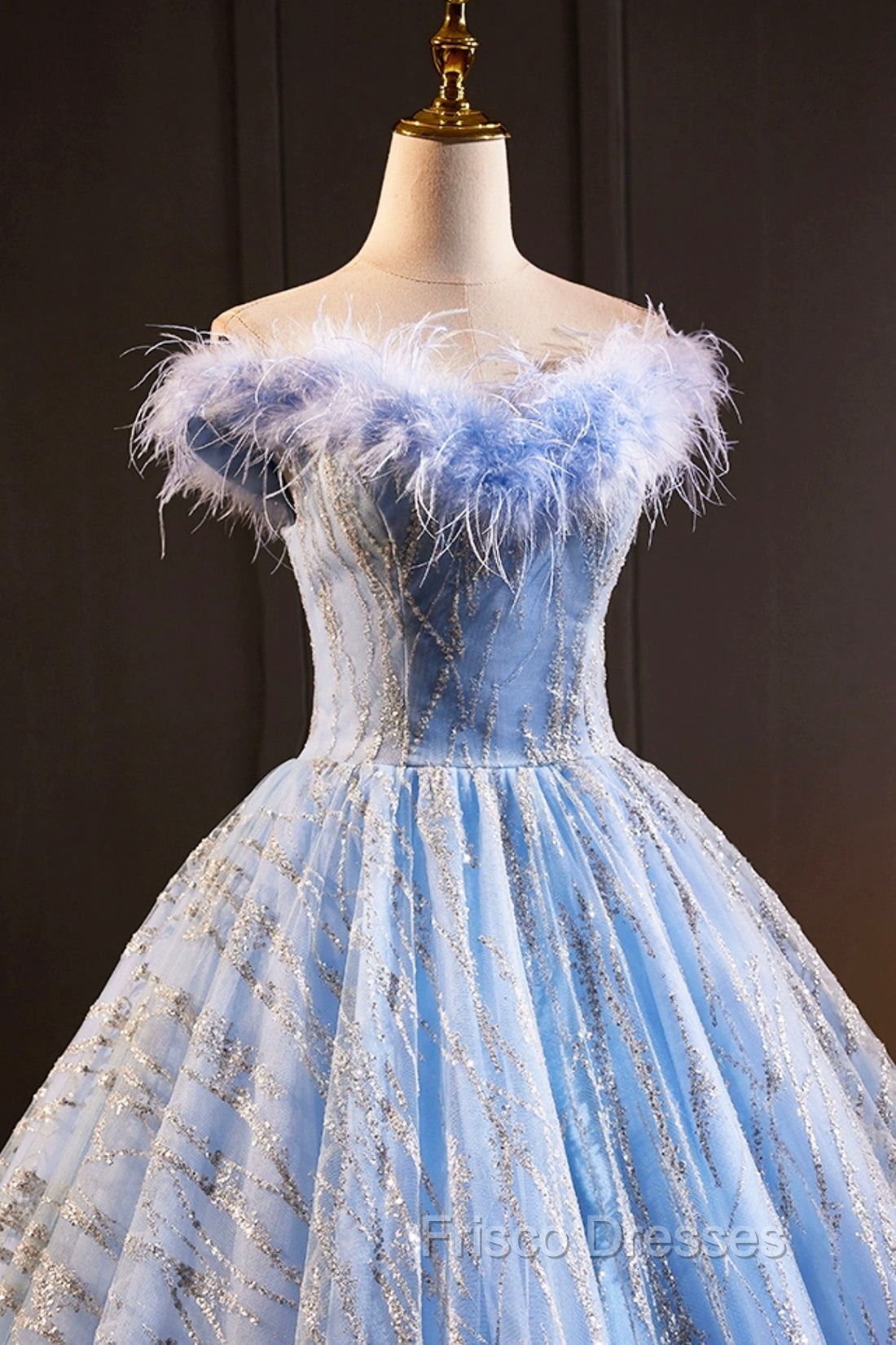 Blue Tulle Sequins Long A-Line Formal Prom Dress with Feather, Off the Shoulder Evening Party Dress