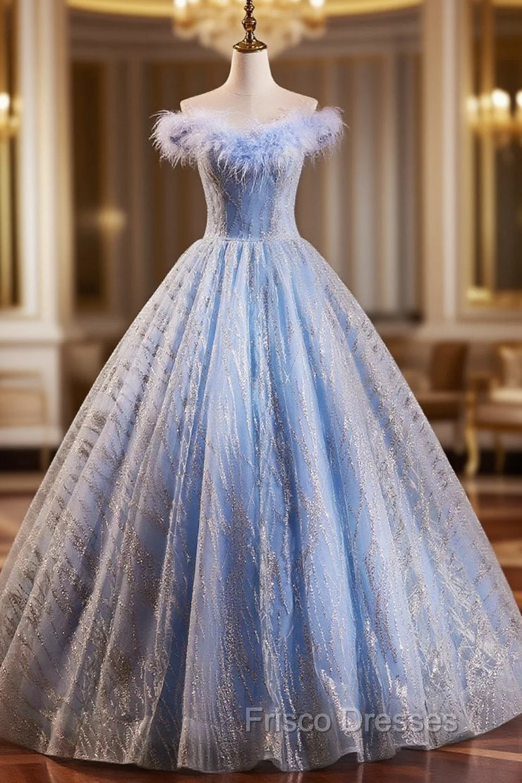 Blue Tulle Sequins Long A-Line Formal Prom Dress with Feather, Off the Shoulder Evening Party Dress