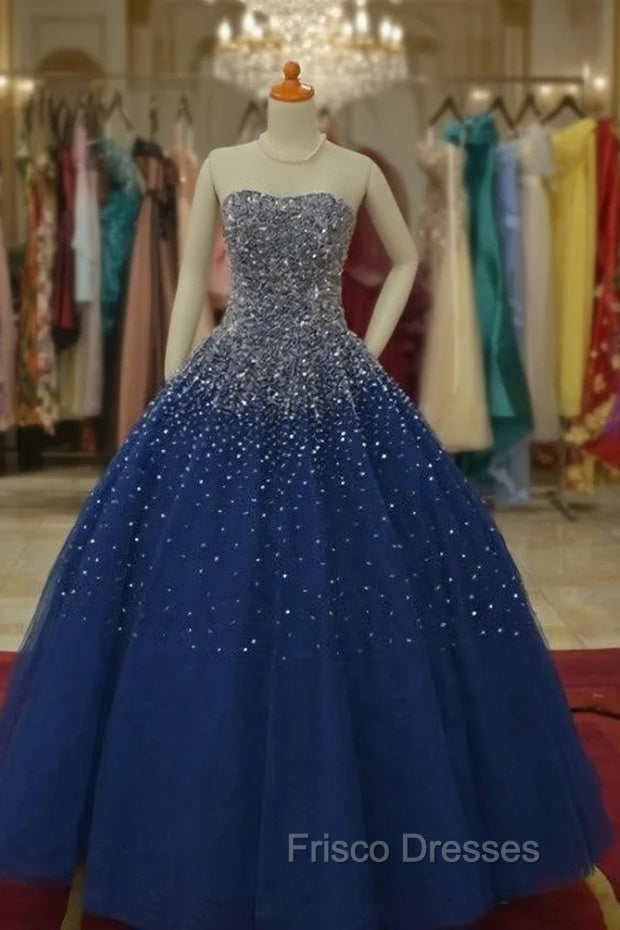 Blue Tulle Sequins Long Ball Gown Formal Dress, Sparkle Blue Quinceanera Dress Secondary image