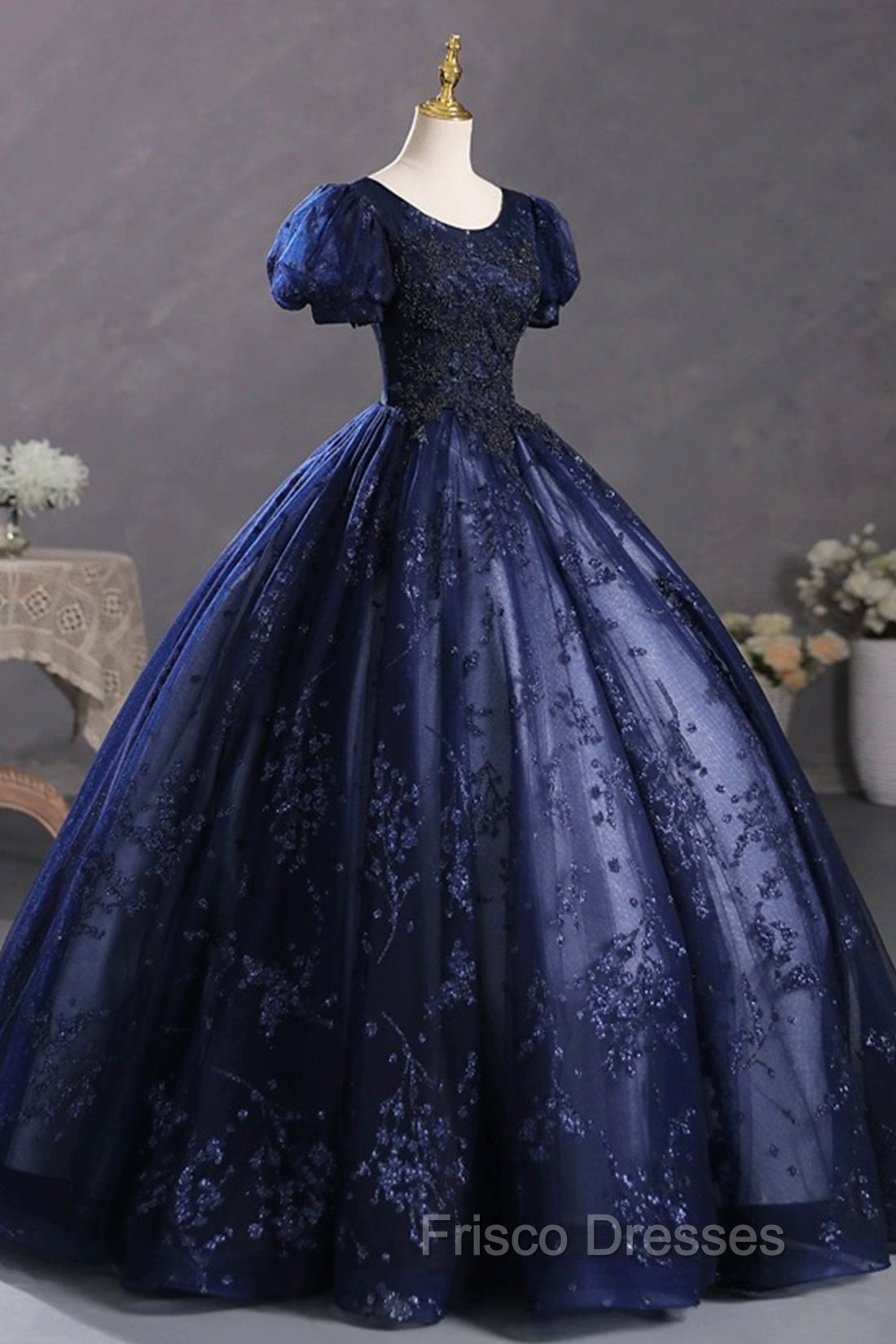 Blue Tulle Sequins Long Formal Dress, A-Line Short Sleeve Evening Party Dress Secondary image