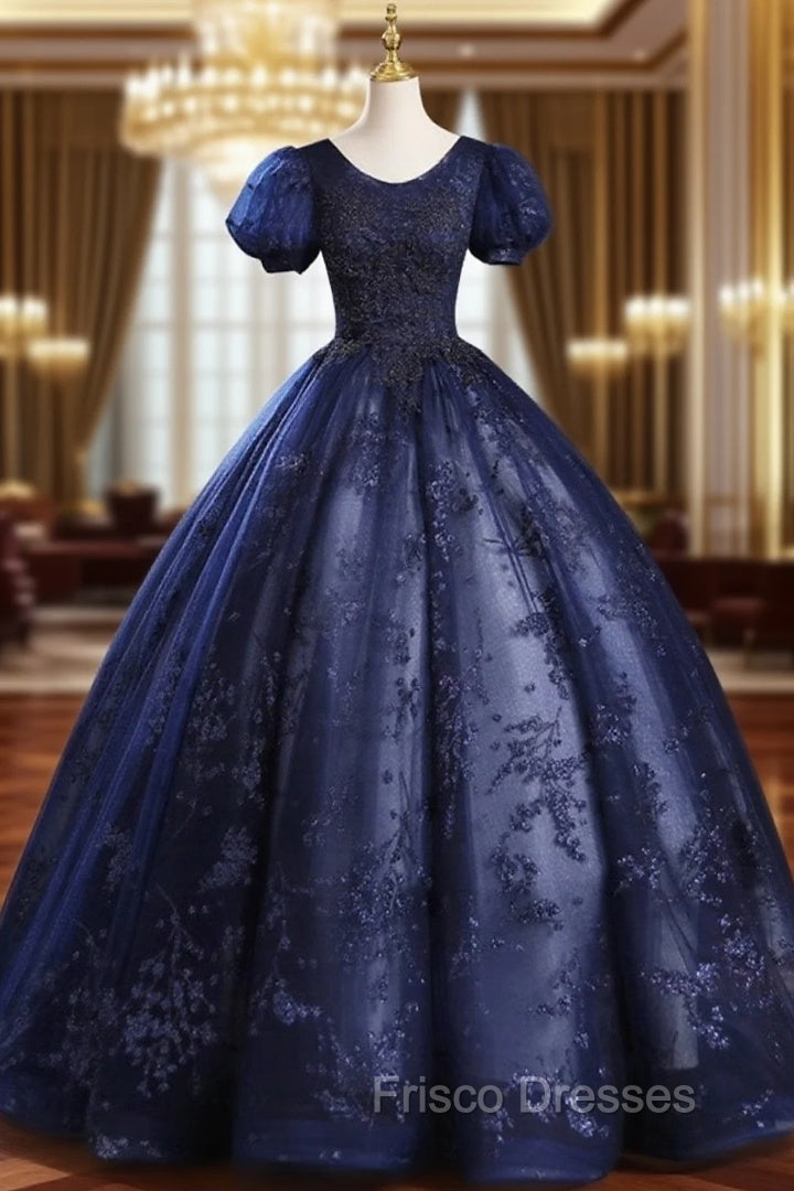 Blue Tulle Sequins Long Formal Dress, A-Line Short Sleeve Evening Party Dress