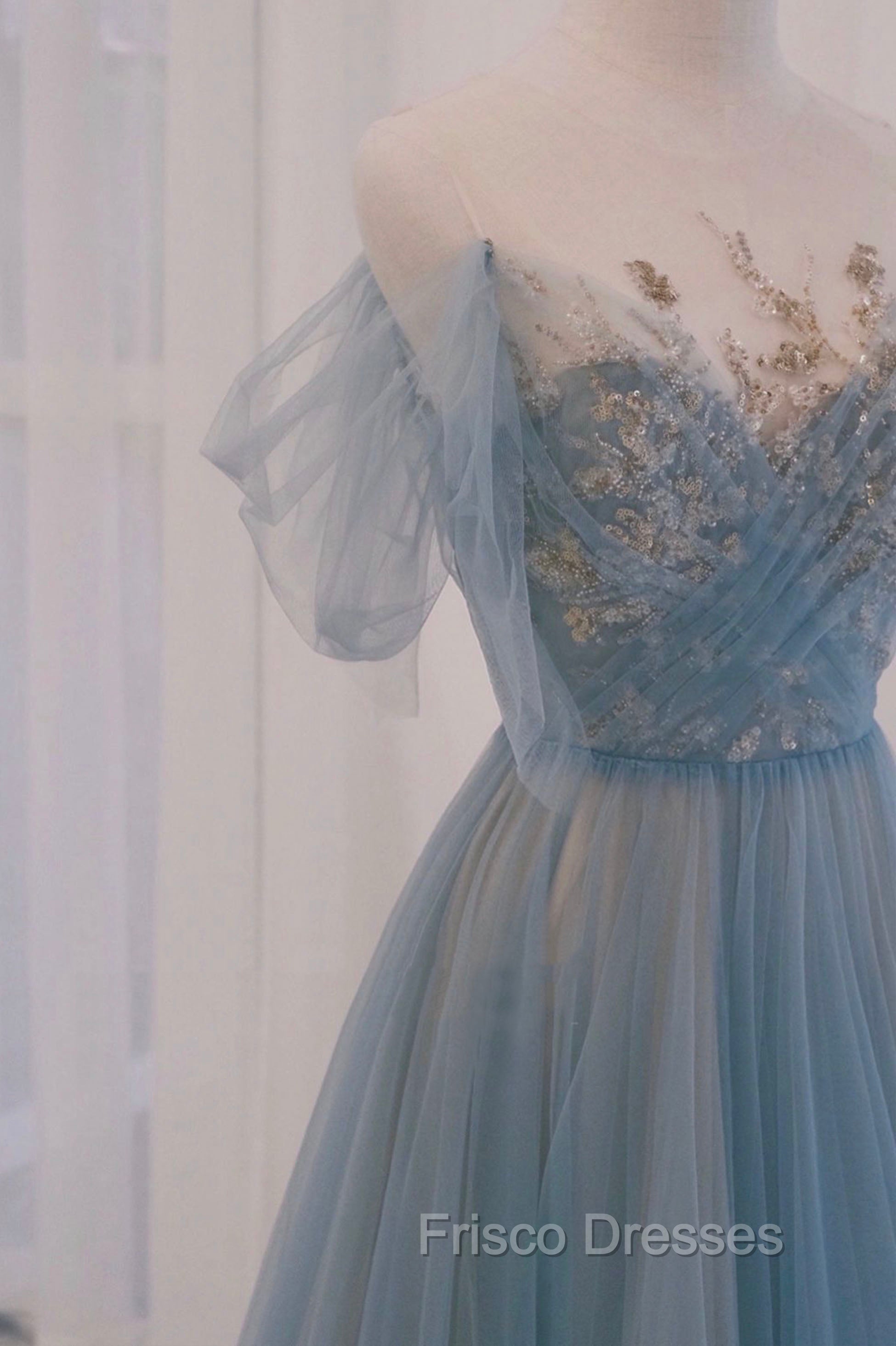Blue Tulle Sequins Long Formal Prom Dress, A-Line Scoop Neckline Party Dress