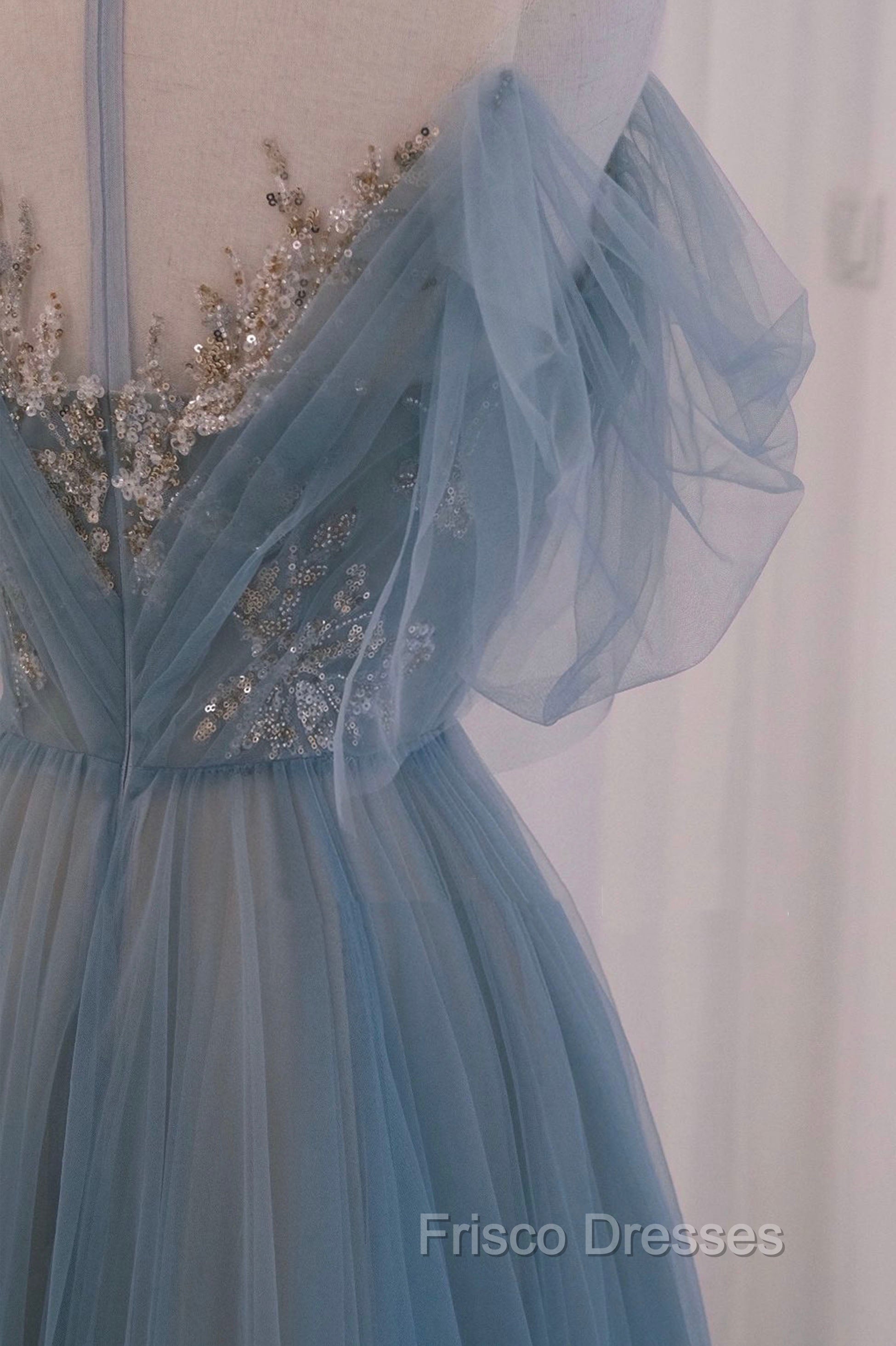 Blue Tulle Sequins Long Formal Prom Dress, A-Line Scoop Neckline Party Dress