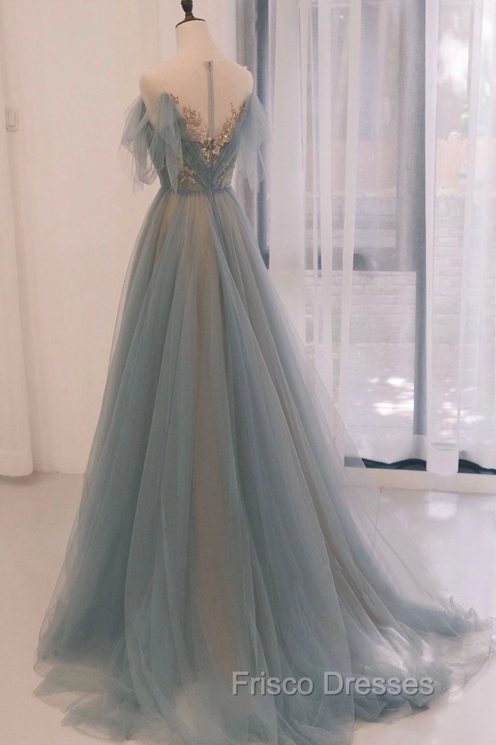 Blue Tulle Sequins Long Formal Prom Dress, A-Line Scoop Neckline Party Dress
