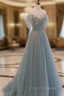 Blue Tulle Sequins Long Formal Prom Dress, A-Line Scoop Neckline Party Dress