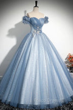Blue Tulle Sequins Long Formal Prom Dress, Beautiful A-Line Evening Party Dress